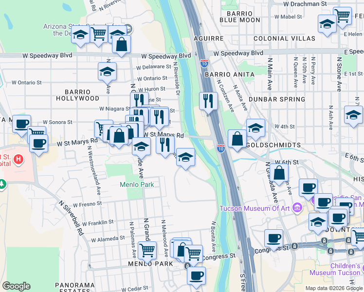 map of restaurants, bars, coffee shops, grocery stores, and more near in Tucson