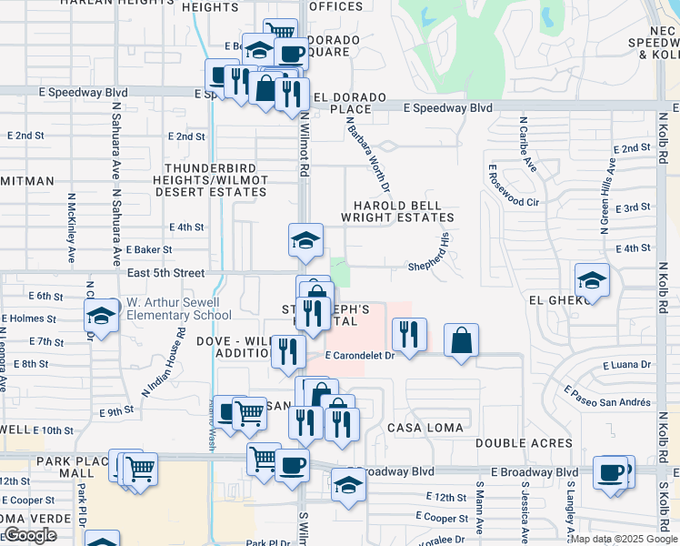 map of restaurants, bars, coffee shops, grocery stores, and more near 633 North Corinth Avenue in Tucson