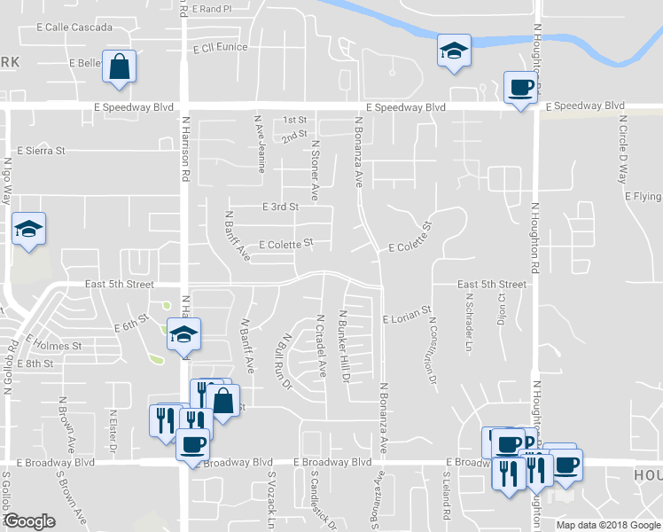 map of restaurants, bars, coffee shops, grocery stores, and more near 9811 East 5th Street in Tucson
