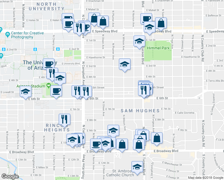 map of restaurants, bars, coffee shops, grocery stores, and more near 2146 East 5th Street in Tucson