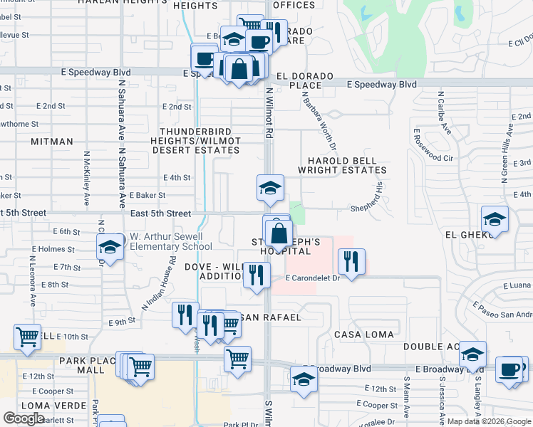 map of restaurants, bars, coffee shops, grocery stores, and more near E 5th St & N Wilmot Rd in Tucson