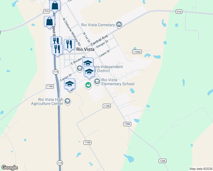map of restaurants, bars, coffee shops, grocery stores, and more near 410 South Cleburne Whitney Road in Rio Vista