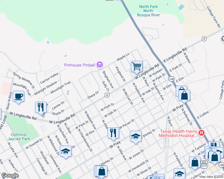 map of restaurants, bars, coffee shops, grocery stores, and more near 1702 Bingham Avenue in Stephenville