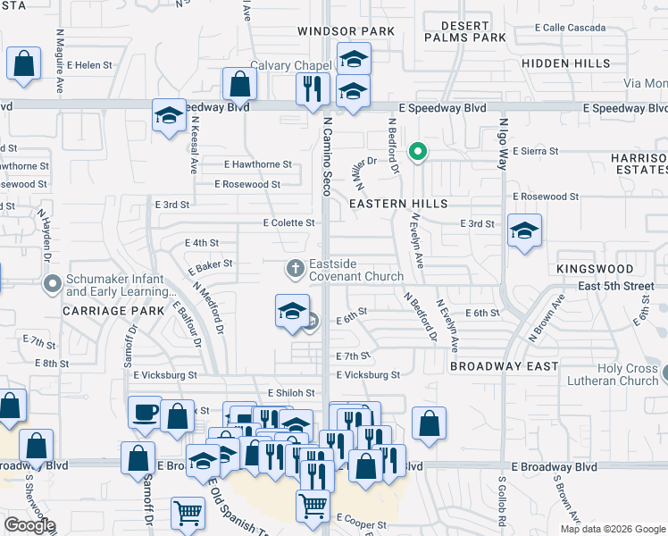 map of restaurants, bars, coffee shops, grocery stores, and more near 618 North Camino Seco in Tucson