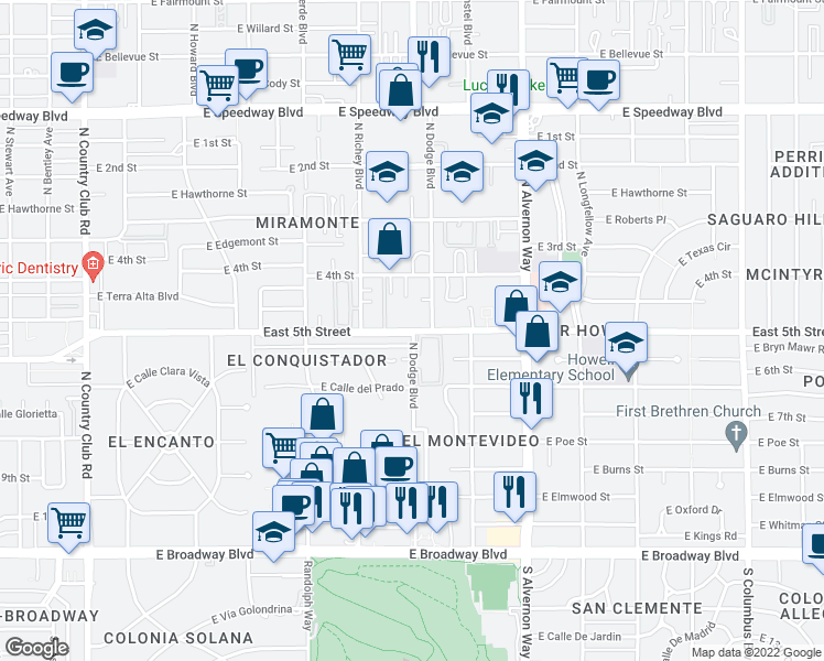 map of restaurants, bars, coffee shops, grocery stores, and more near E 5th St & N Dodge Blvd in Tucson
