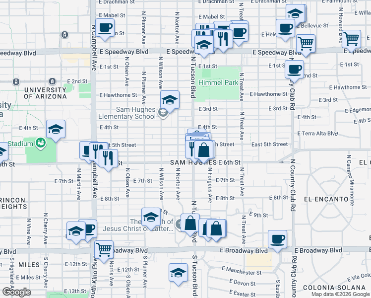 map of restaurants, bars, coffee shops, grocery stores, and more near 2444 East 5th Street in Tucson
