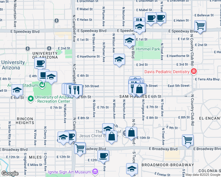 map of restaurants, bars, coffee shops, grocery stores, and more near 2240 East 5th Street in Tucson