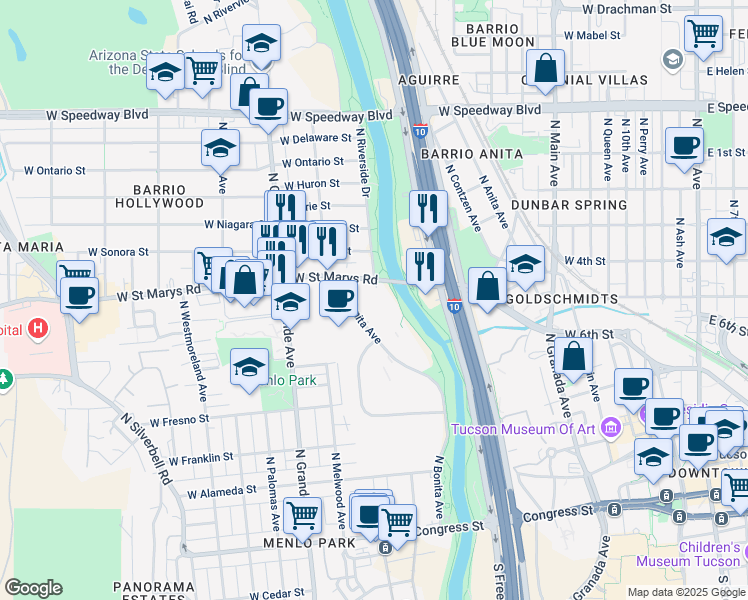 map of restaurants, bars, coffee shops, grocery stores, and more near 1001 West Saint Marys Road in Tucson