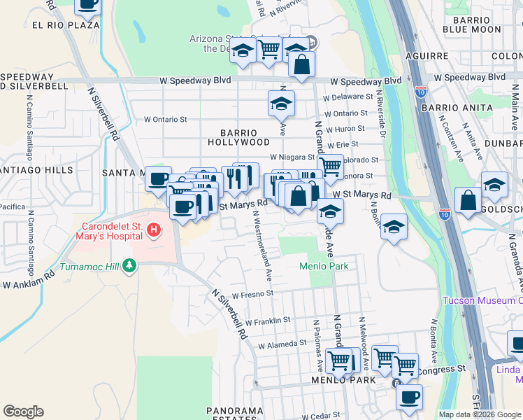 map of restaurants, bars, coffee shops, grocery stores, and more near 1351 North Westmoreland Avenue in Tucson