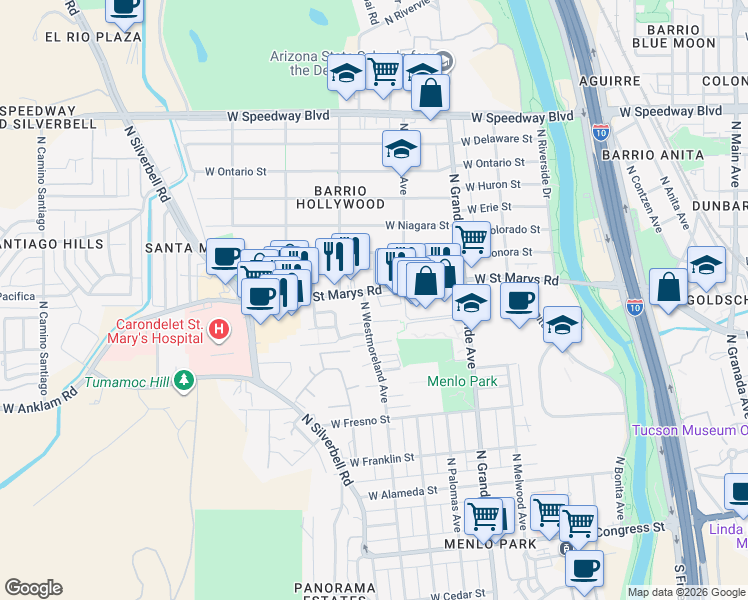 map of restaurants, bars, coffee shops, grocery stores, and more near 1030 West Saint Mary’s Road in Tucson