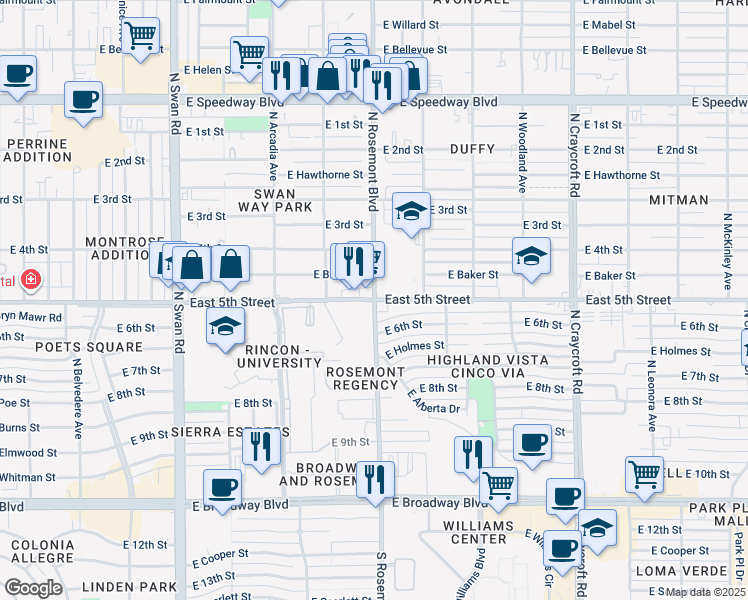 map of restaurants, bars, coffee shops, grocery stores, and more near 5th Street & North Rosemont Boulevard in Tucson