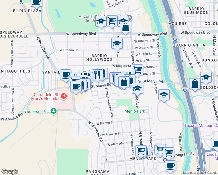 map of restaurants, bars, coffee shops, grocery stores, and more near 1351 North Westmoreland Avenue in Tucson