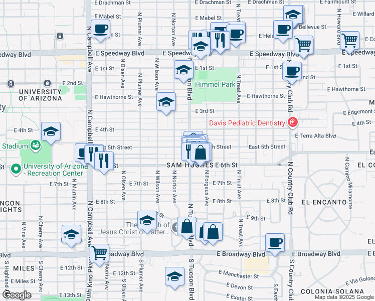 map of restaurants, bars, coffee shops, grocery stores, and more near 2444 East 5th Street in Tucson