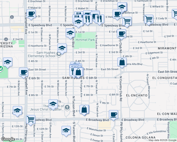 map of restaurants, bars, coffee shops, grocery stores, and more near 2646 East 5th Street in Tucson