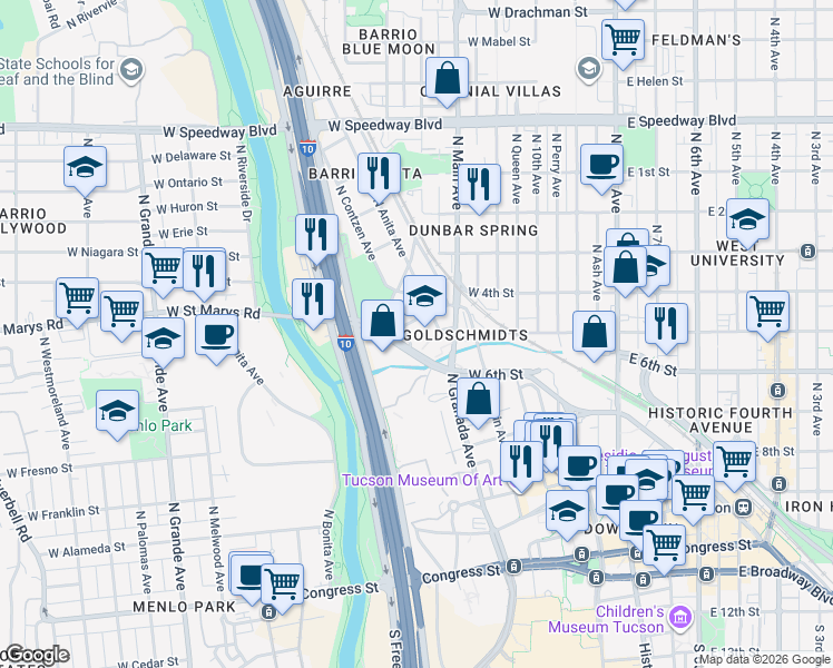 map of restaurants, bars, coffee shops, grocery stores, and more near 500 West Saint Marys Road in Tucson