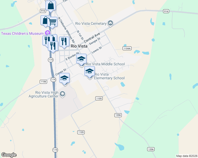 map of restaurants, bars, coffee shops, grocery stores, and more near 410 South Cleburne Whitney Road in Rio Vista