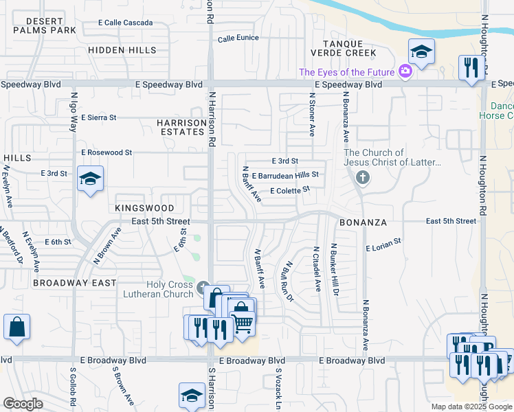 map of restaurants, bars, coffee shops, grocery stores, and more near 625 North Banff Avenue in Tucson