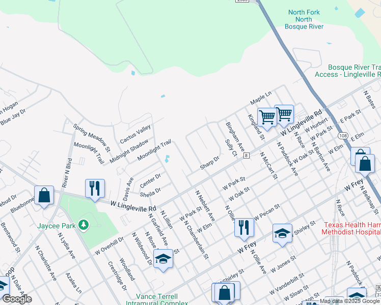 map of restaurants, bars, coffee shops, grocery stores, and more near 212 Prairie Wind Boulevard in Stephenville