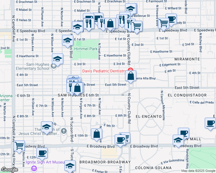 map of restaurants, bars, coffee shops, grocery stores, and more near 2840 East 5th Street in Tucson