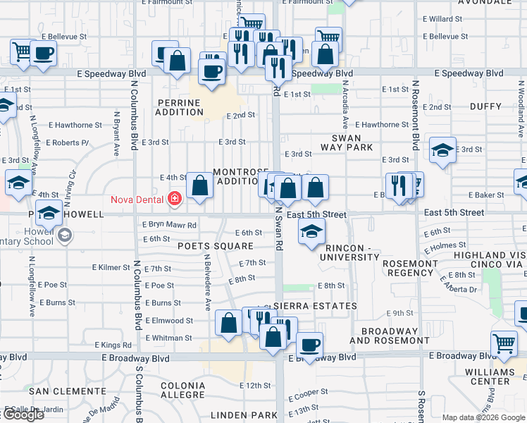 map of restaurants, bars, coffee shops, grocery stores, and more near 600 North Benton Avenue in Tucson