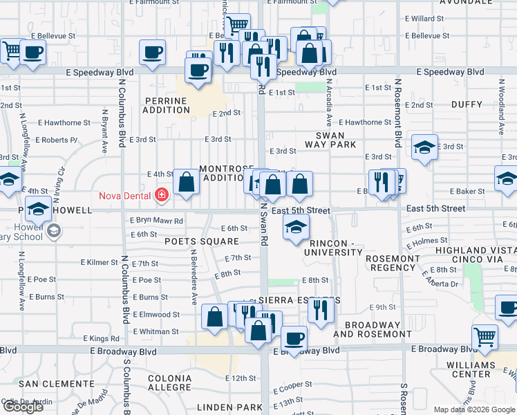 map of restaurants, bars, coffee shops, grocery stores, and more near 600 North Swan Road in Tucson