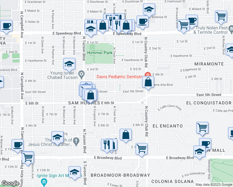 map of restaurants, bars, coffee shops, grocery stores, and more near 2804 East 5th Street in Tucson
