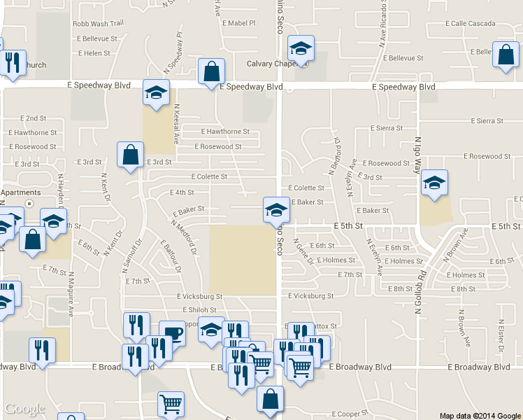 map of restaurants, bars, coffee shops, grocery stores, and more near 8650 East Placita Pueblo Bonito in Tucson