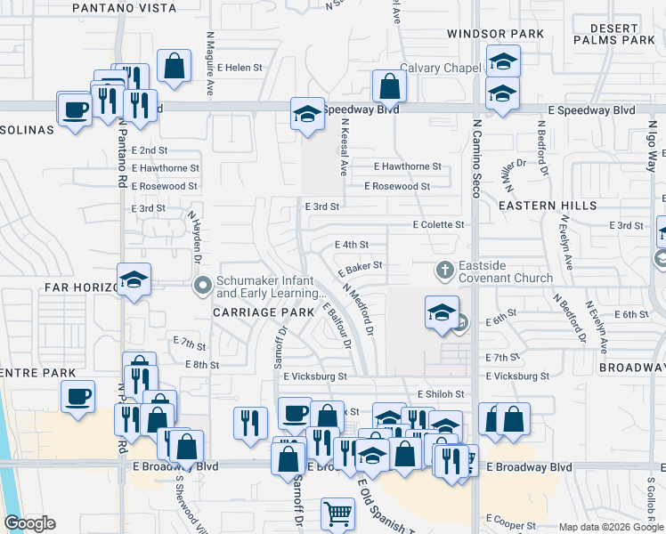 map of restaurants, bars, coffee shops, grocery stores, and more near 619 North Medford Drive in Tucson