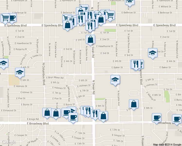 map of restaurants, bars, coffee shops, grocery stores, and more near 600 North Benton Avenue in Tucson