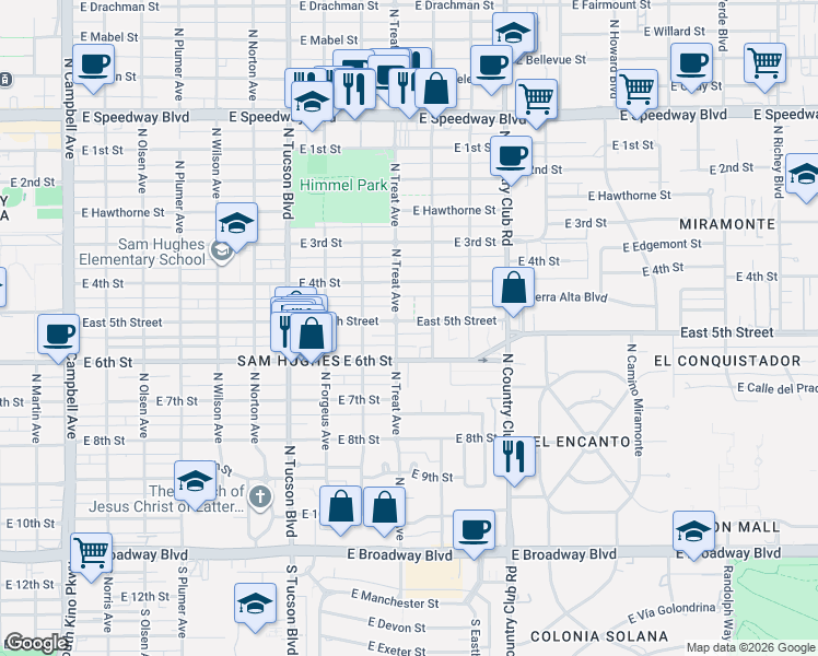map of restaurants, bars, coffee shops, grocery stores, and more near 2804 East 5th Street in Tucson