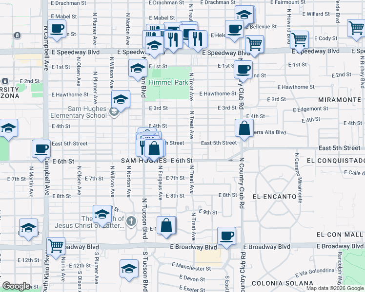 map of restaurants, bars, coffee shops, grocery stores, and more near 2646 East 5th Street in Tucson