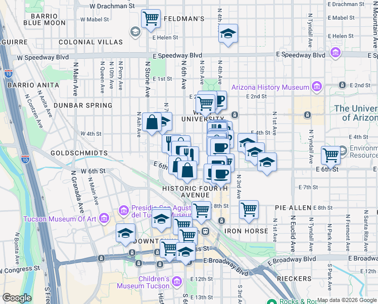 map of restaurants, bars, coffee shops, grocery stores, and more near 222 East 5th Street in Tucson