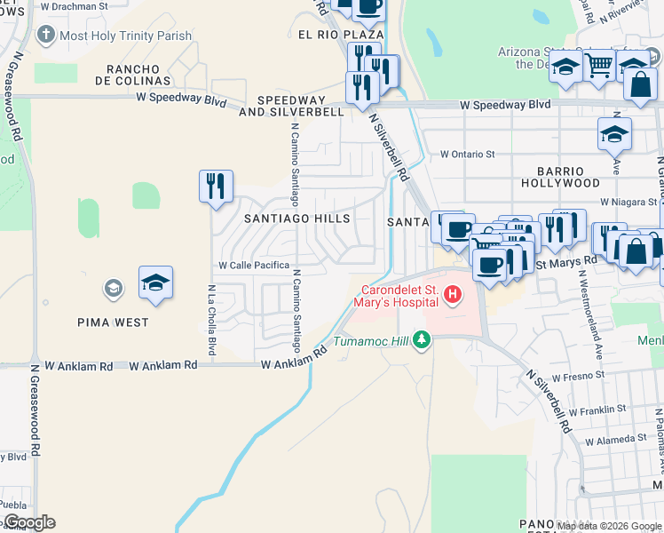 map of restaurants, bars, coffee shops, grocery stores, and more near 1825 West Calle Tranquila in Tucson