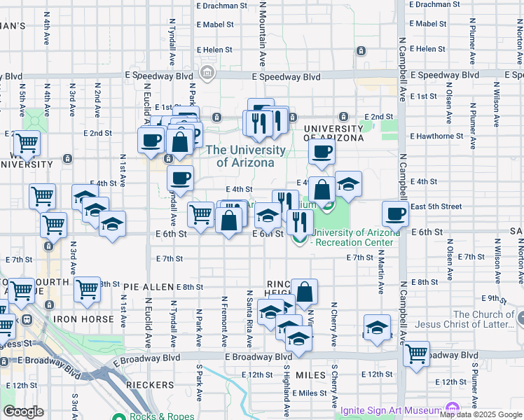 map of restaurants, bars, coffee shops, grocery stores, and more near 1215 East Lowell Street in Tucson