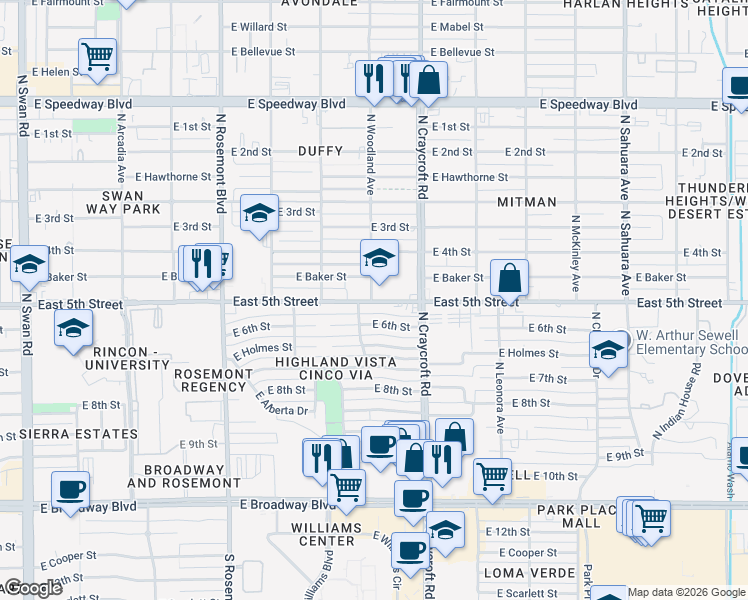 map of restaurants, bars, coffee shops, grocery stores, and more near in Tucson