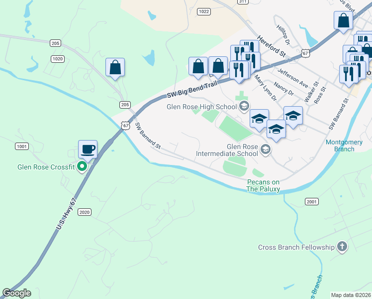 map of restaurants, bars, coffee shops, grocery stores, and more near 1900 Southwest Barnard Street in Glen Rose