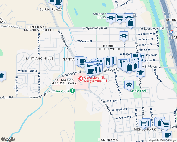 map of restaurants, bars, coffee shops, grocery stores, and more near 1552 West Saint Marys Road in Tucson