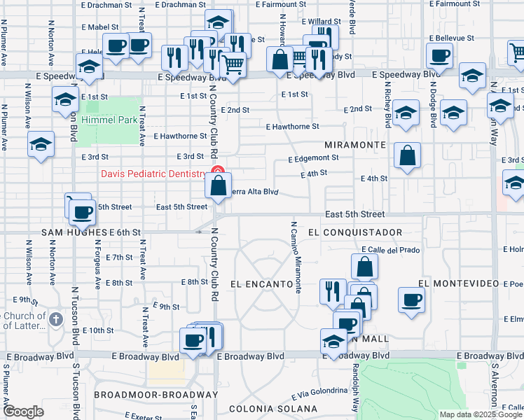 map of restaurants, bars, coffee shops, grocery stores, and more near 3205 East 5th Street in Tucson