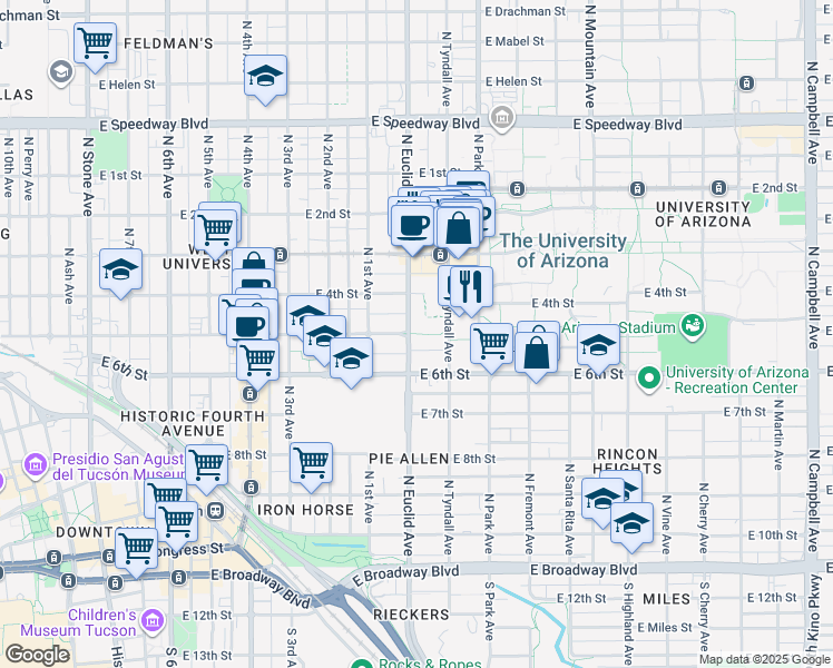 map of restaurants, bars, coffee shops, grocery stores, and more near 825 East 5th Street in Tucson