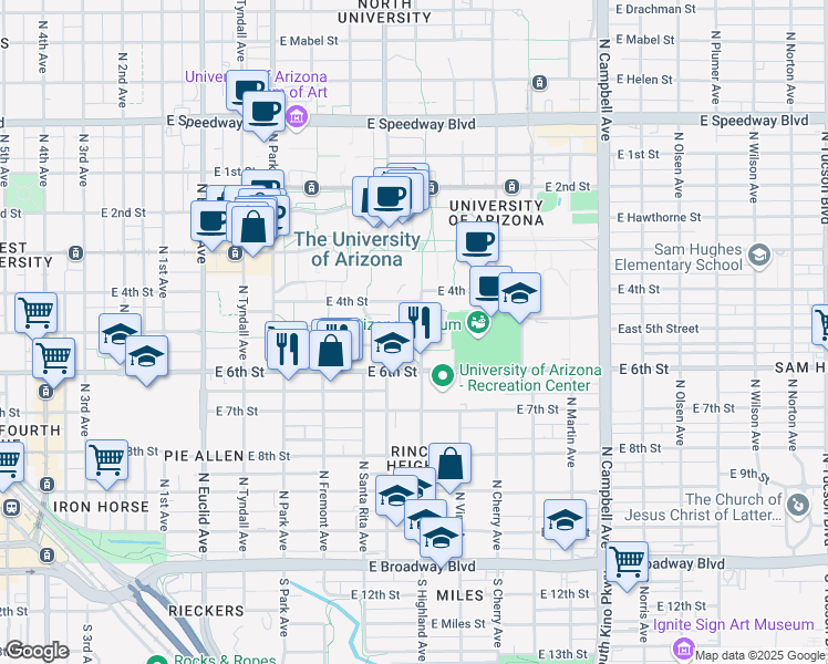 map of restaurants, bars, coffee shops, grocery stores, and more near 601 North Highland Avenue in Tucson