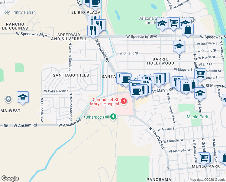 map of restaurants, bars, coffee shops, grocery stores, and more near 505 North San Jose Avenue in Tucson