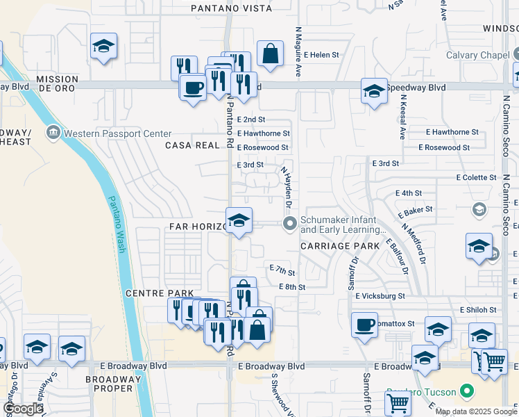 map of restaurants, bars, coffee shops, grocery stores, and more near 600 North Pantano Road in Tucson