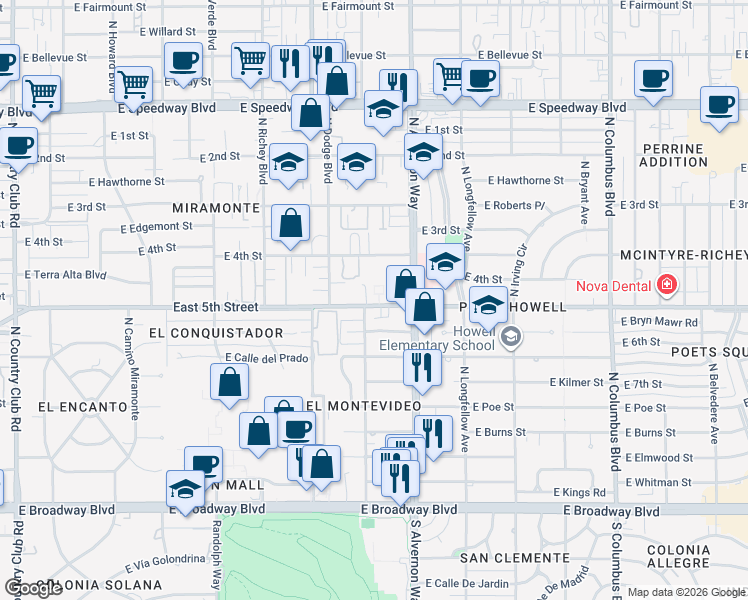 map of restaurants, bars, coffee shops, grocery stores, and more near 3805 East 5th Street in Tucson