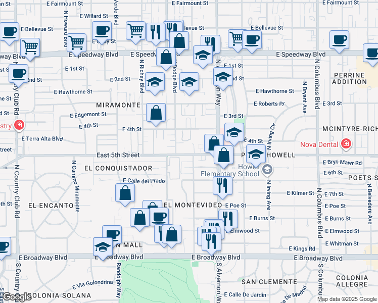 map of restaurants, bars, coffee shops, grocery stores, and more near 3805 East 5th Street in Tucson