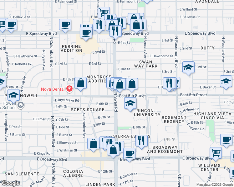 map of restaurants, bars, coffee shops, grocery stores, and more near 600 North Swan Road in Tucson