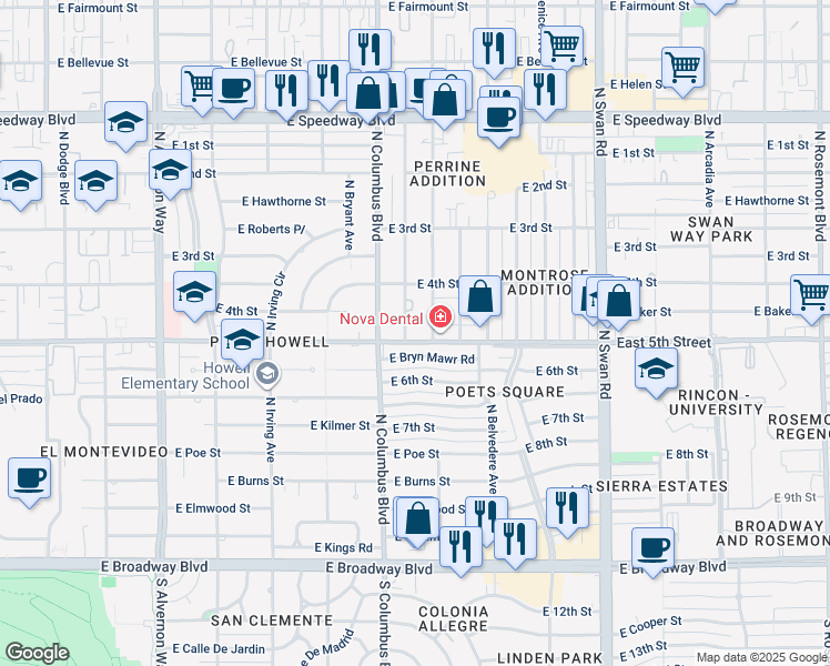 map of restaurants, bars, coffee shops, grocery stores, and more near 4337 East 5th Street in Tucson