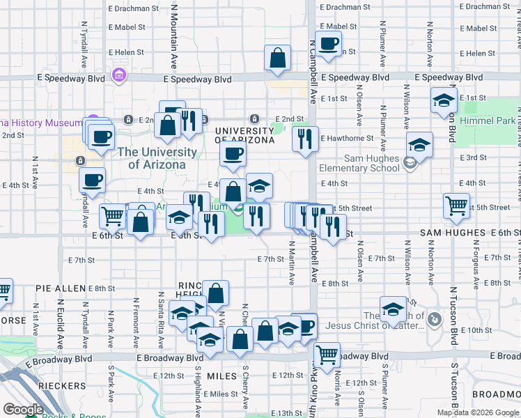 map of restaurants, bars, coffee shops, grocery stores, and more near National Championship Drive in Tucson