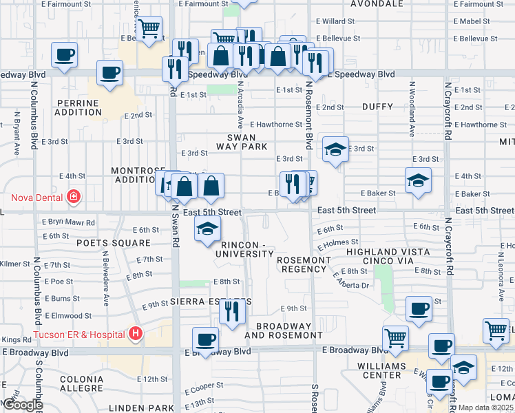 map of restaurants, bars, coffee shops, grocery stores, and more near 4925 East 5th Street in Tucson