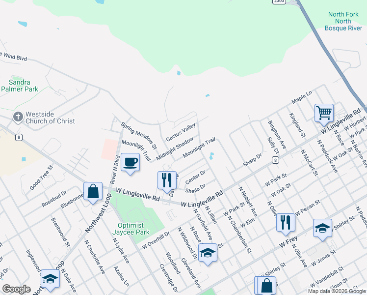 map of restaurants, bars, coffee shops, grocery stores, and more near 316 Midnight Shadow in Stephenville
