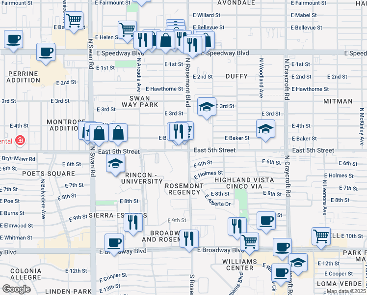 map of restaurants, bars, coffee shops, grocery stores, and more near 5067 E 5th St in Tucson